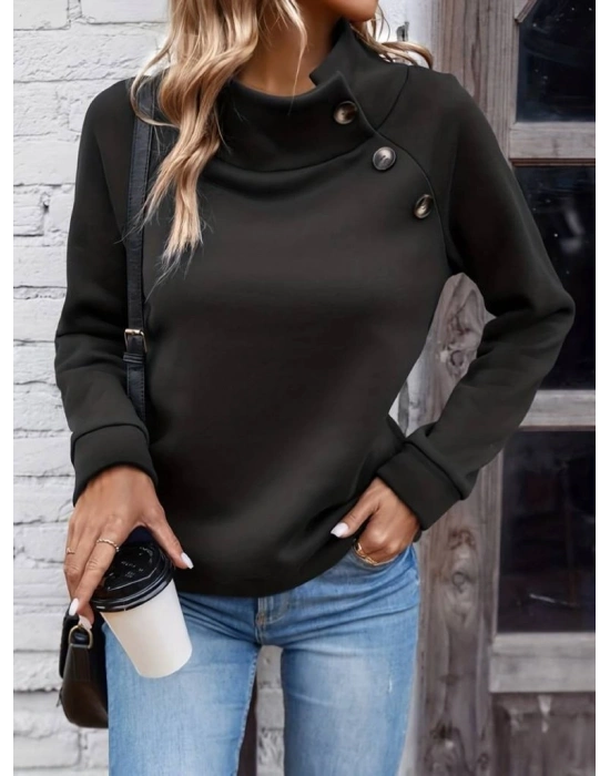 Kadın Uzun Kollu Balıkçı Yaka Düğme Detay şardonlu Dalgıç Bluz