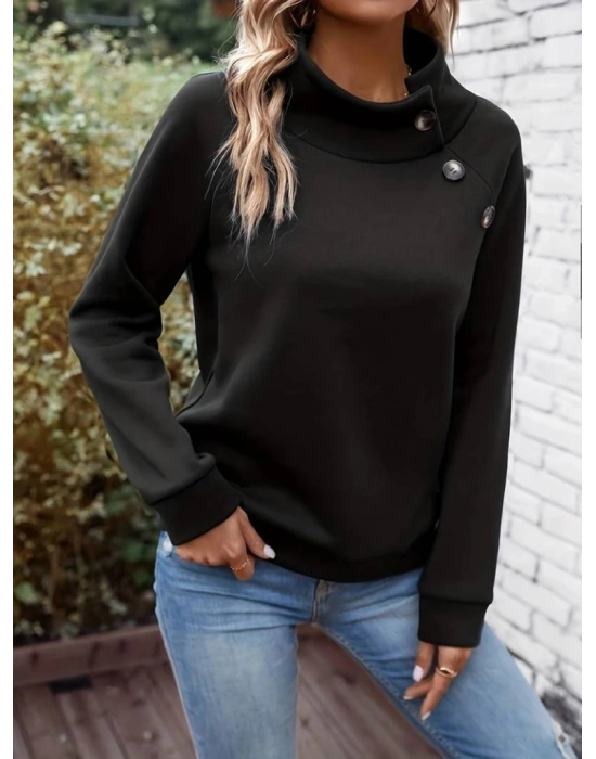 Kadın Uzun Kollu Balıkçı Yaka Düğme Detay şardonlu Dalgıç Bluz