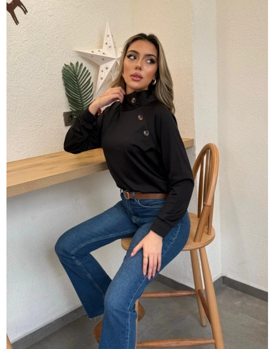 Kadın Uzun Kollu Balıkçı Yaka Düğme Detay şardonlu Dalgıç Bluz