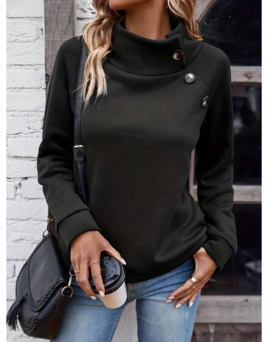 Kadın Uzun Kollu Balıkçı Yaka Düğme Detay şardonlu Dalgıç Bluz