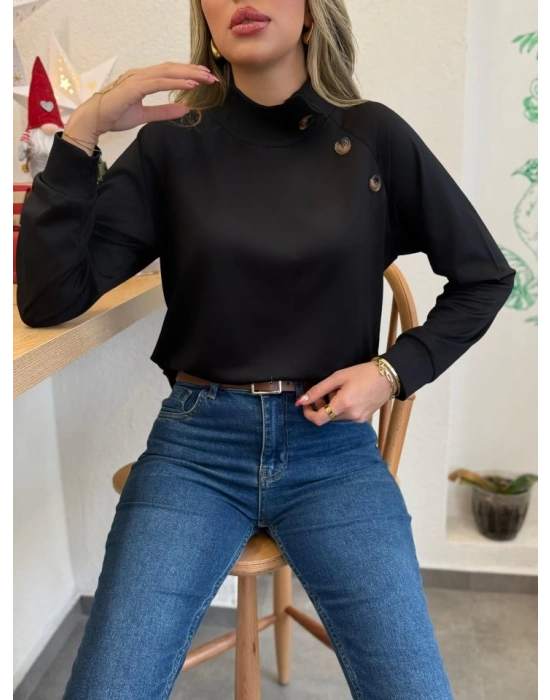 Kadın Uzun Kollu Balıkçı Yaka Düğme Detay şardonlu Dalgıç Bluz