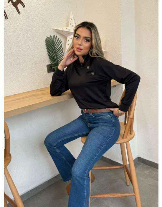 Kadın Uzun Kollu Balıkçı Yaka Düğme Detay şardonlu Dalgıç Bluz