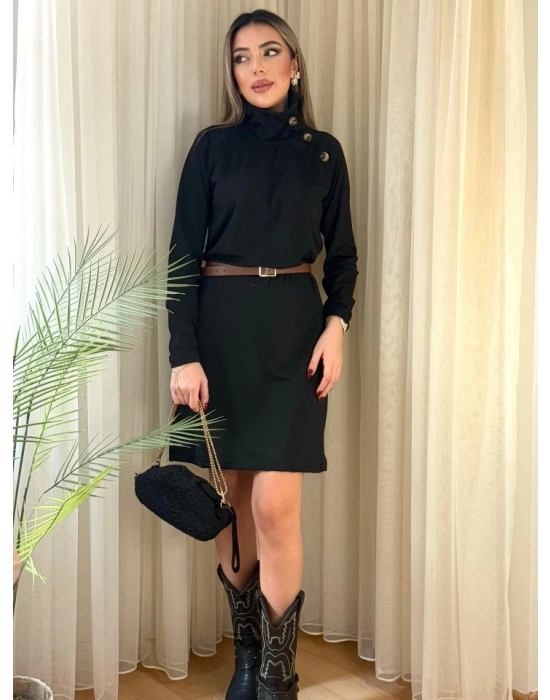 Kadın Uzun Kollu Balıkçı Yaka Düğme Detaylı Kısa şardonlu Dalgıç Elbise