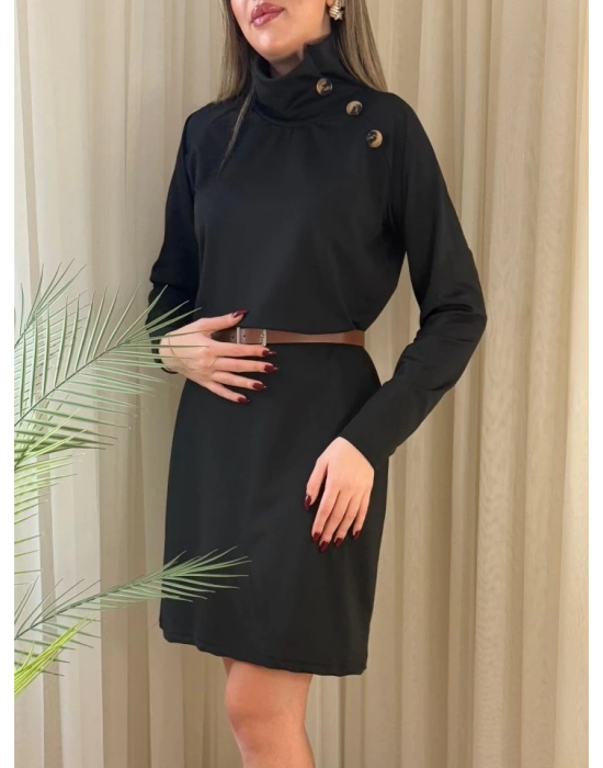 Kadın Uzun Kollu Balıkçı Yaka Düğme Detaylı Kısa şardonlu Dalgıç Elbise