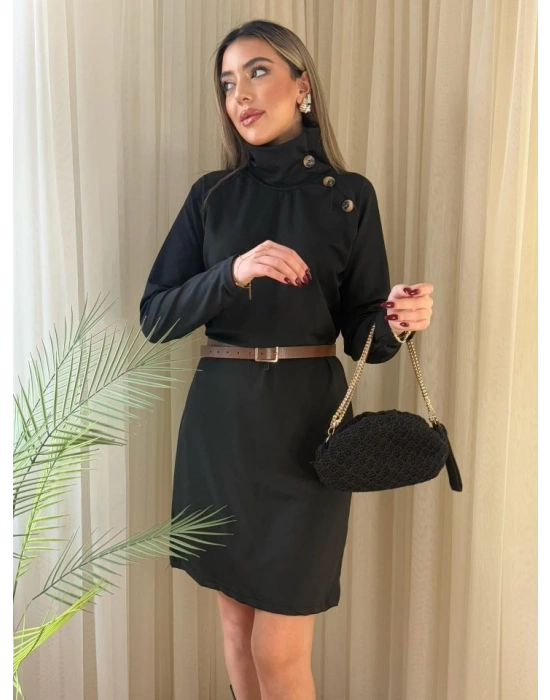 Kadın Uzun Kollu Balıkçı Yaka Düğme Detaylı Kısa şardonlu Dalgıç Elbise