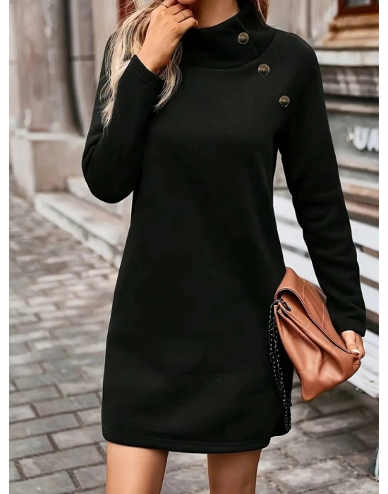 Kadın Uzun Kollu Balıkçı Yaka Düğme Detaylı Kısa şardonlu Dalgıç Elbise