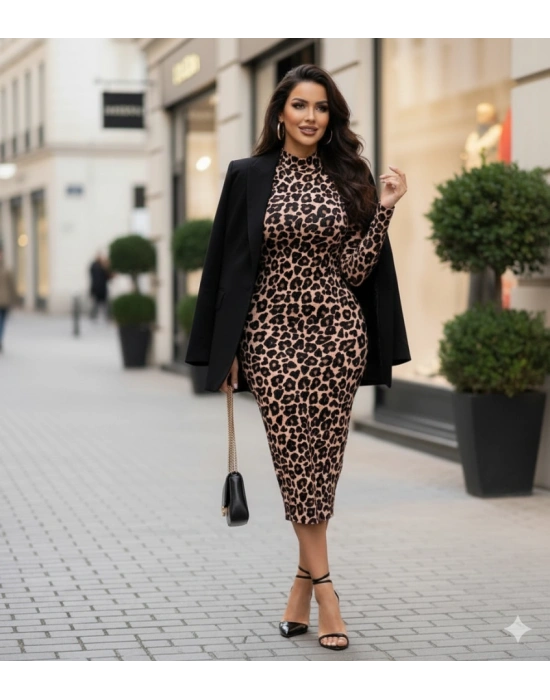 Kadın Uzun Kollu Balıkçı Yaka eopar Desenli idi Boy Elbise