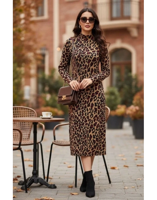 Kadın Uzun Kollu Balıkçı Yaka eopar Desenli idi Boy Elbise