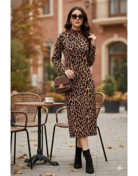 Kadın Uzun Kollu Balıkçı Yaka eopar Desenli idi Boy Elbise