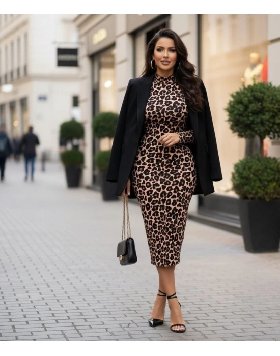 Kadın Uzun Kollu Balıkçı Yaka eopar Desenli idi Boy Elbise