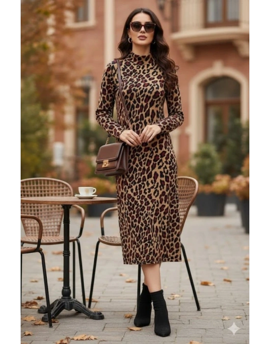 Kadın Uzun Kollu Balıkçı Yaka eopar Desenli idi Boy Elbise
