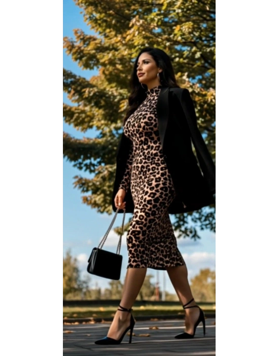 Kadın Uzun Kollu Balıkçı Yaka eopar Desenli idi Boy Elbise