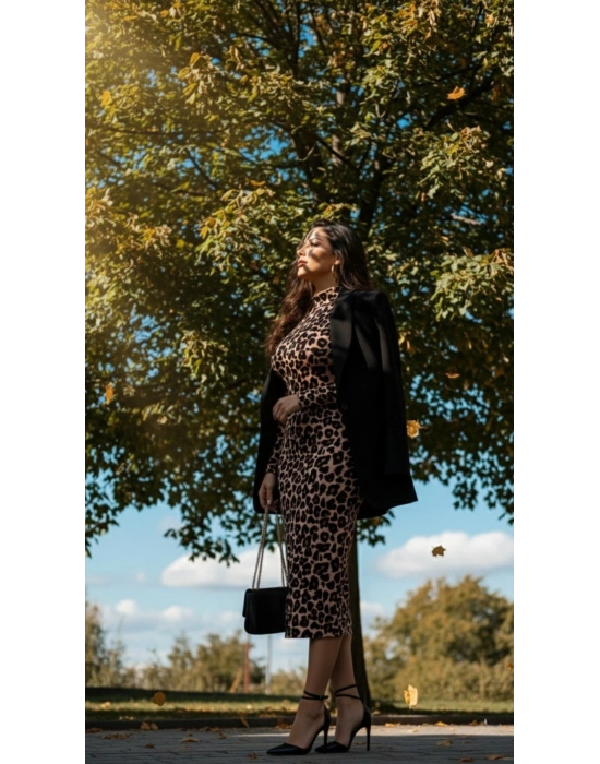 Kadın Uzun Kollu Balıkçı Yaka eopar Desenli idi Boy Elbise