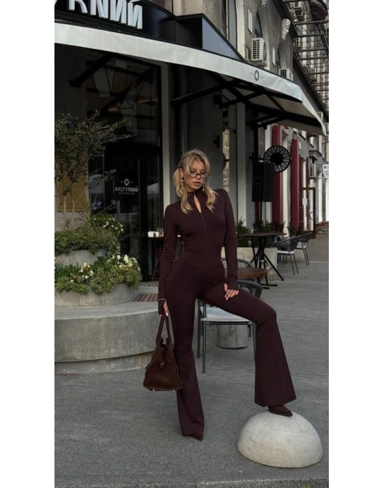 Kadın Uzun Kollu Balıkçı Yaka Fermuar Detay Ispanyol Paça Tulum