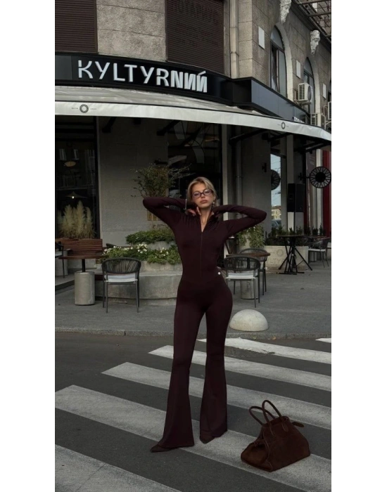 Kadın Uzun Kollu Balıkçı Yaka Fermuar Detay Ispanyol Paça Tulum