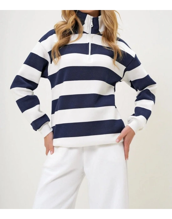 Kadın Uzun Kollu Balıkçı Yaka Fermuar Detay şeritli üç Iplik Kumaş weat