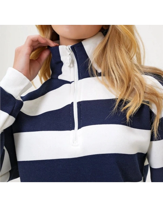 Kadın Uzun Kollu Balıkçı Yaka Fermuar Detay şeritli üç Iplik Kumaş weat