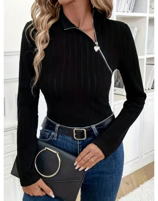 Kadın Uzun Kollu Balıkçı Yaka Fermuarlı Kaşkorse Bluz