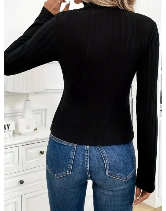 Kadın Uzun Kollu Balıkçı Yaka Fermuarlı Kaşkorse Bluz