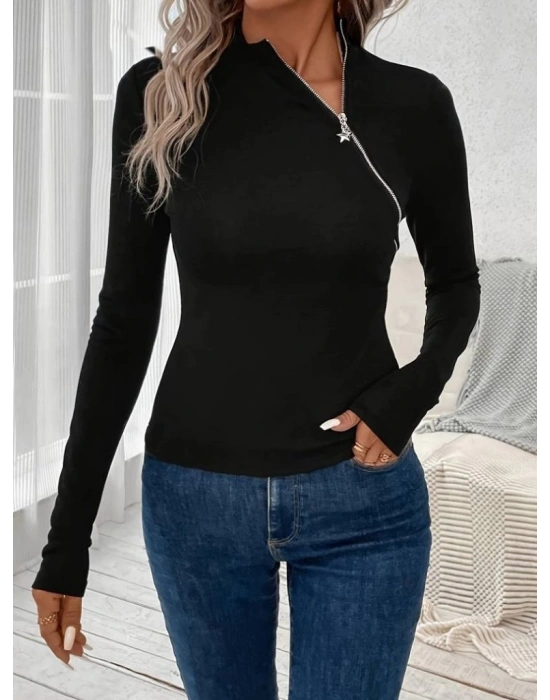 Kadın Uzun Kollu Balıkçı Yaka Fermuarlı Viskon Bluz