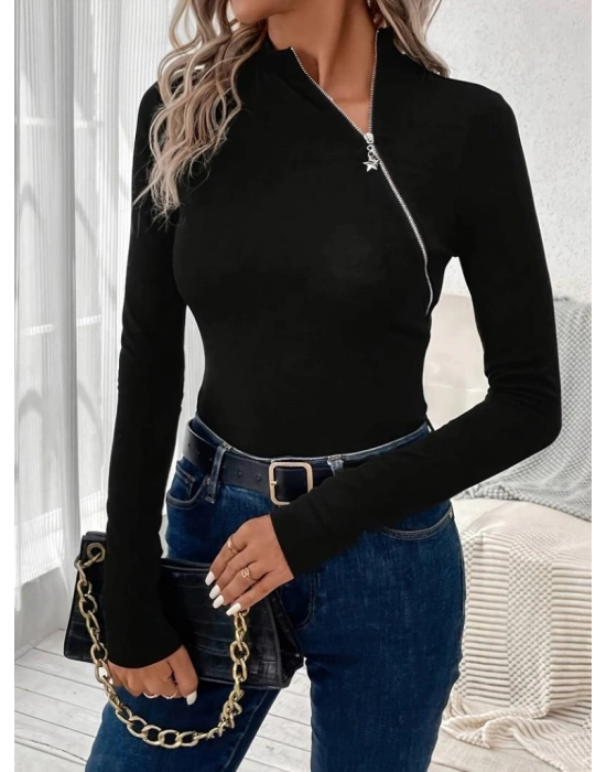 Kadın Uzun Kollu Balıkçı Yaka Fermuarlı Viskon Bluz