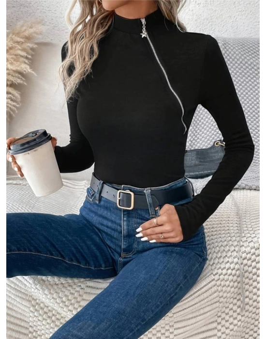 Kadın Uzun Kollu Balıkçı Yaka Fermuarlı Viskon Bluz