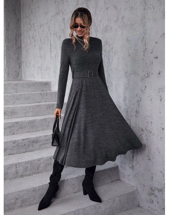 Kadın Uzun Kollu Balıkçı Yaka Kemer Detaylı Yumoş Midi Elbise