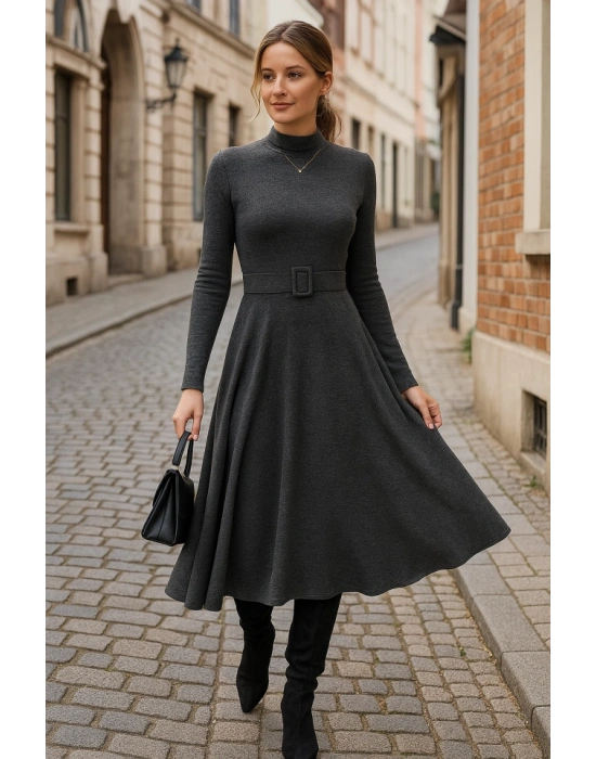 Kadın Uzun Kollu Balıkçı Yaka Kemer Detaylı Yumoş Midi Elbise