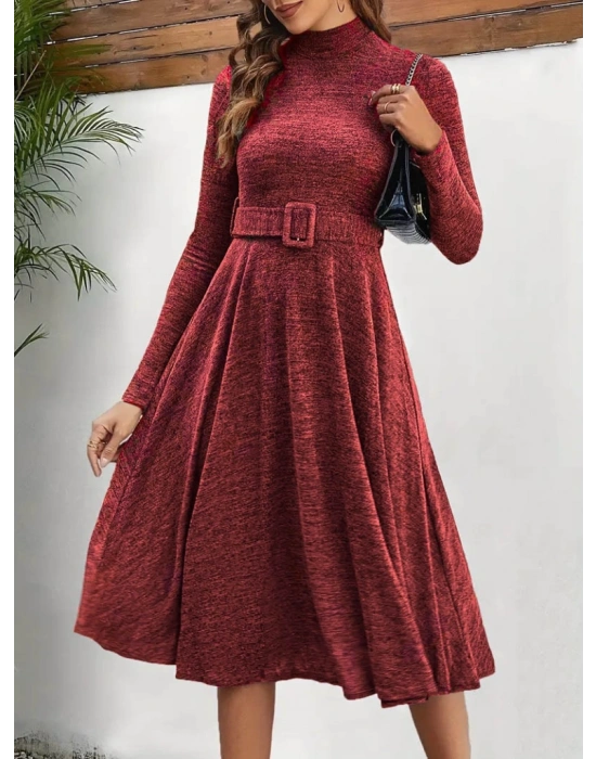 Kadın Uzun Kollu Balıkçı Yaka Kemer Detaylı Yumoş Midi Elbise