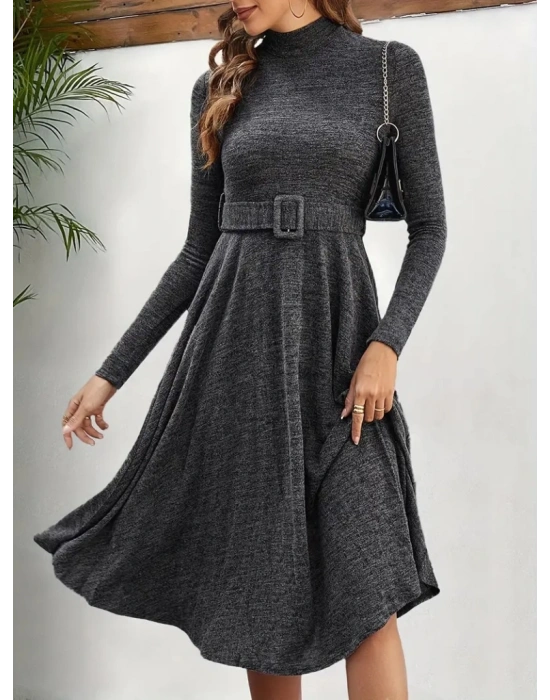 Kadın Uzun Kollu Balıkçı Yaka Kemer Detaylı Yumoş Midi Elbise