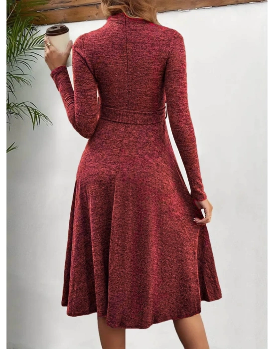 Kadın Uzun Kollu Balıkçı Yaka Kemer Detaylı Yumoş Midi Elbise