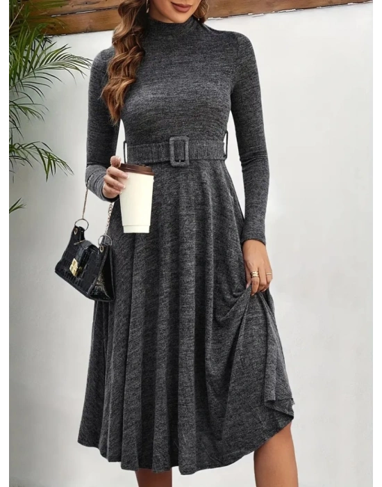 Kadın Uzun Kollu Balıkçı Yaka Kemer Detaylı Yumoş Midi Elbise