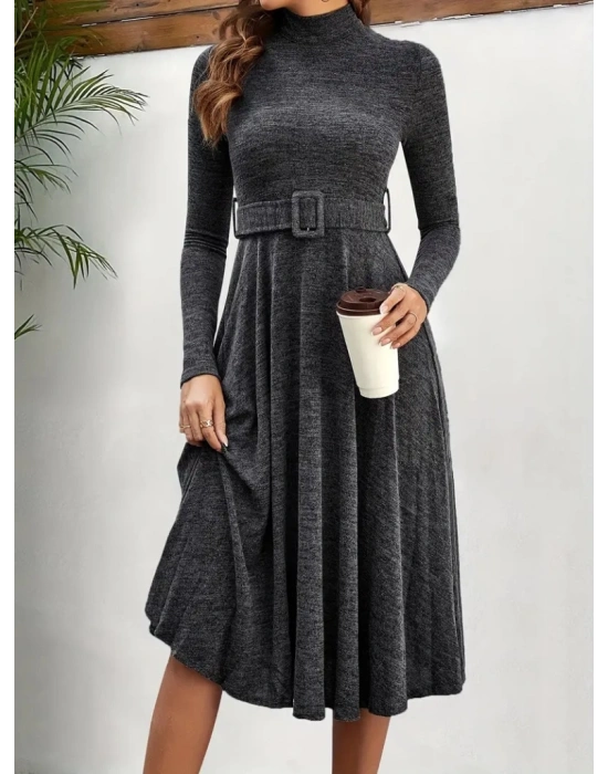 Kadın Uzun Kollu Balıkçı Yaka Kemer Detaylı Yumoş Midi Elbise