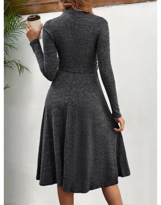 Kadın Uzun Kollu Balıkçı Yaka Kemer Detaylı Yumoş Midi Elbise