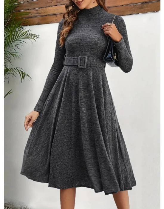 Kadın Uzun Kollu Balıkçı Yaka Kemer Detaylı Yumoş Midi Elbise