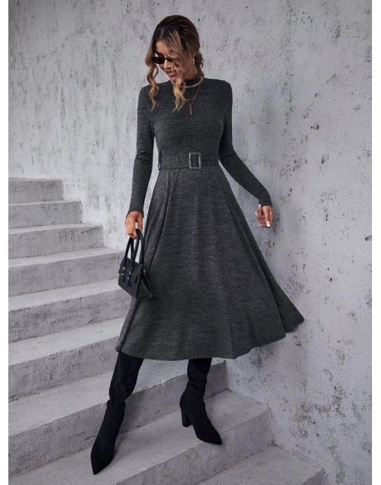 Kadın Uzun Kollu Balıkçı Yaka Kemer Detaylı Yumoş Midi Elbise