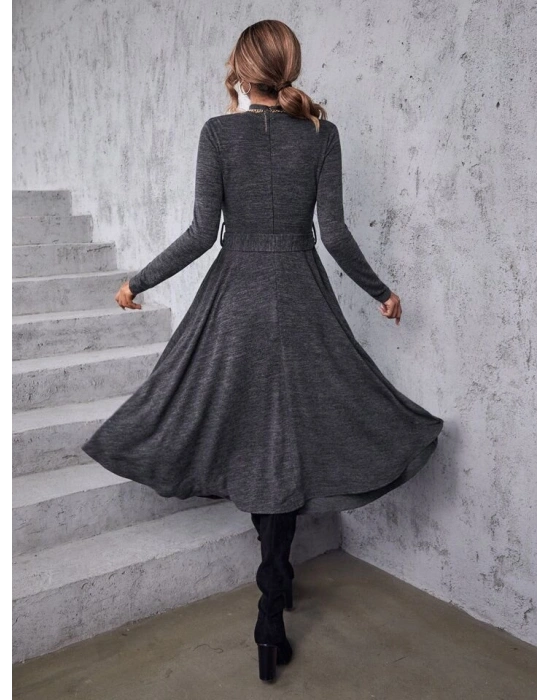 Kadın Uzun Kollu Balıkçı Yaka Kemer Detaylı Yumoş Midi Elbise