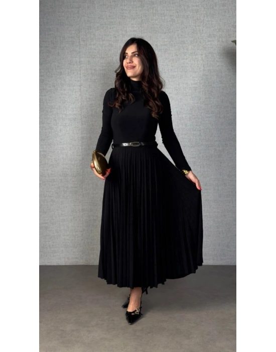 Kadın Uzun Kollu Balıkçı Yaka Kemersiz Pileli Uzun Sandy Elbise