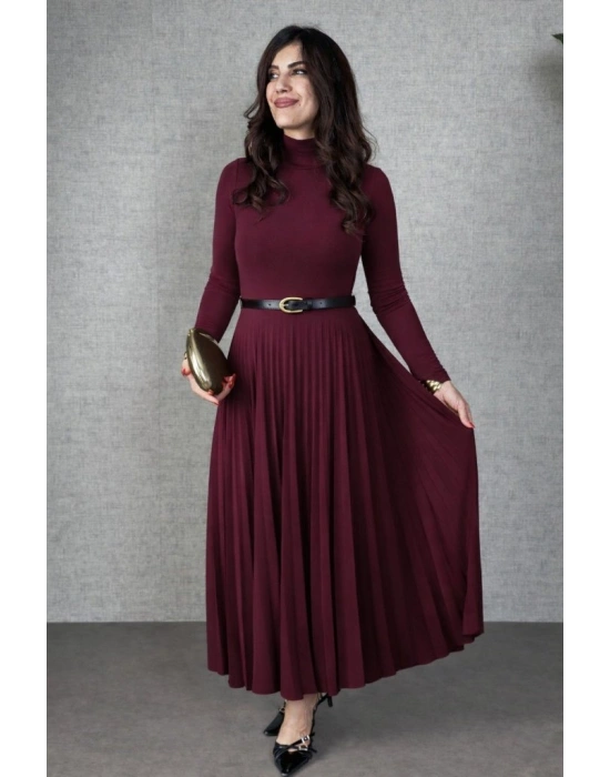 Kadın Uzun Kollu Balıkçı Yaka Kemersiz Pileli Uzun Sandy Elbise