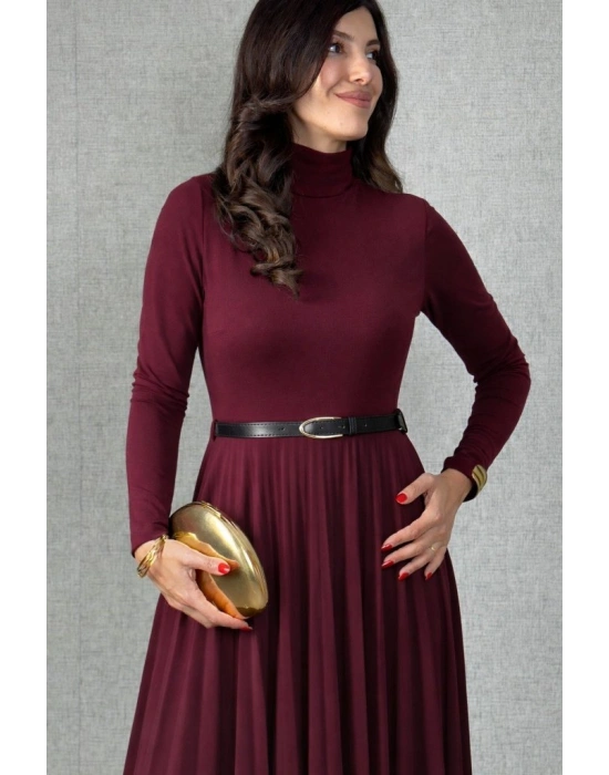 Kadın Uzun Kollu Balıkçı Yaka Kemersiz Pileli Uzun Sandy Elbise