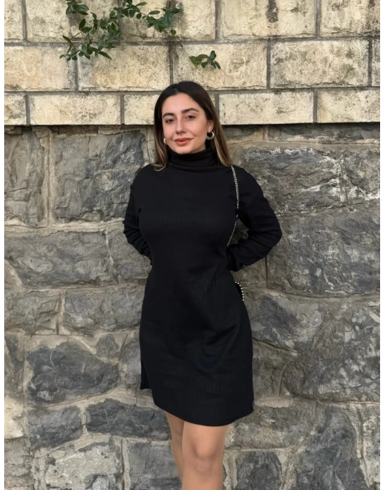 Kadın Uzun Kollu Balıkçı Yaka Kısa şardonlu Kaşkorse Elbise