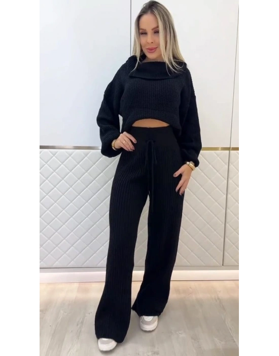 Kadın Uzun Kollu Balıkçı Yaka Kısa Triko Bluz Ve Pantolon Ikili Takım