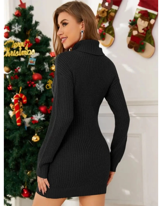 Kadın Uzun Kollu Balıkçı Yaka Kısa Triko Elbise