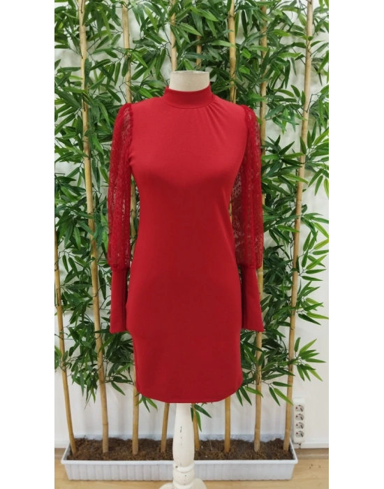 Kadın Uzun Kollu Balıkçı Yaka Kollar Tül Detay Kısa Janjan Elbise