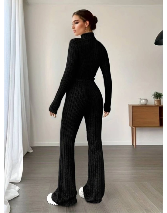 Kadın Uzun Kollu Balıkçı Yaka Krop Ve Pantolon şardonlu Kaşkorse Ikili Takım