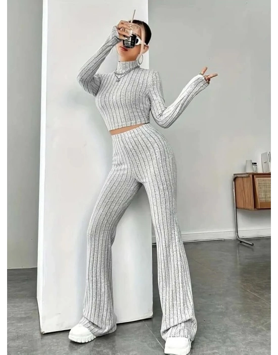 Kadın Uzun Kollu Balıkçı Yaka Krop Ve Pantolon şardonlu Kaşkorse Ikili Takım