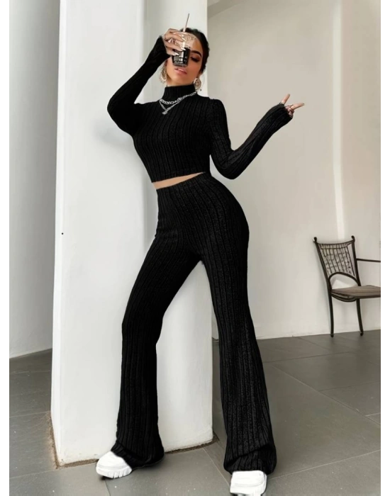 Kadın Uzun Kollu Balıkçı Yaka Krop Ve Pantolon şardonlu Kaşkorse Ikili Takım