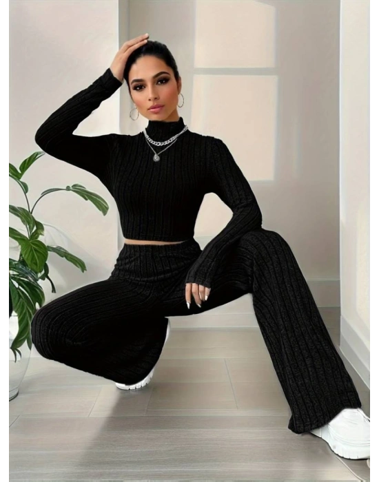 Kadın Uzun Kollu Balıkçı Yaka Krop Ve Pantolon şardonlu Kaşkorse Ikili Takım