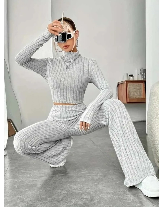 Kadın Uzun Kollu Balıkçı Yaka Krop Ve Pantolon şardonlu Kaşkorse Ikili Takım