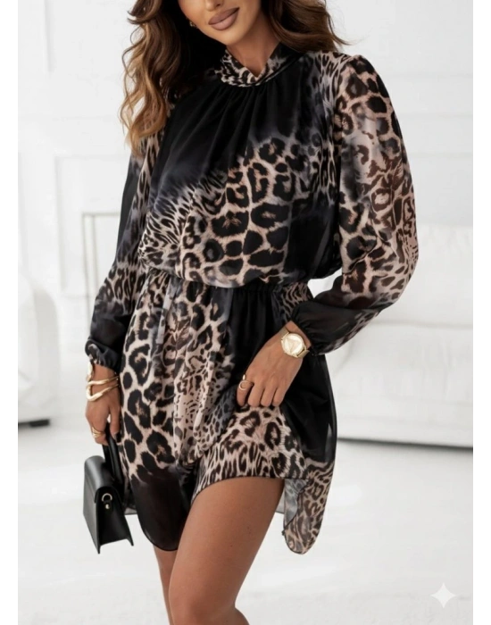 Kadın Uzun Kollu Balıkçı Yaka Leopar Desenli şifon Mini Elbise